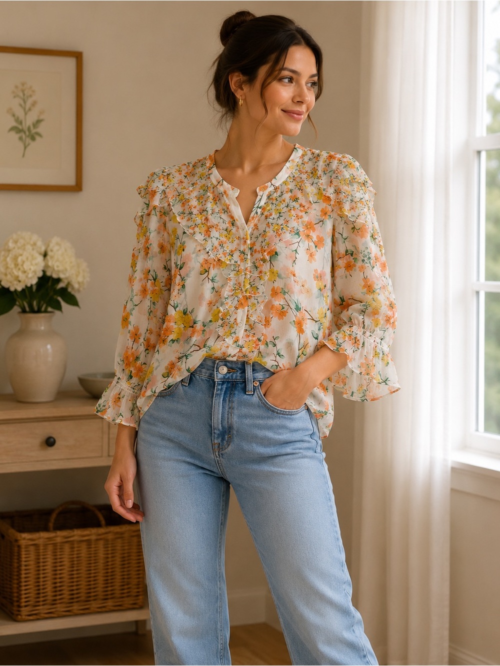 EST. 1946 Floral Ruffle Boho Blouse Size Medium